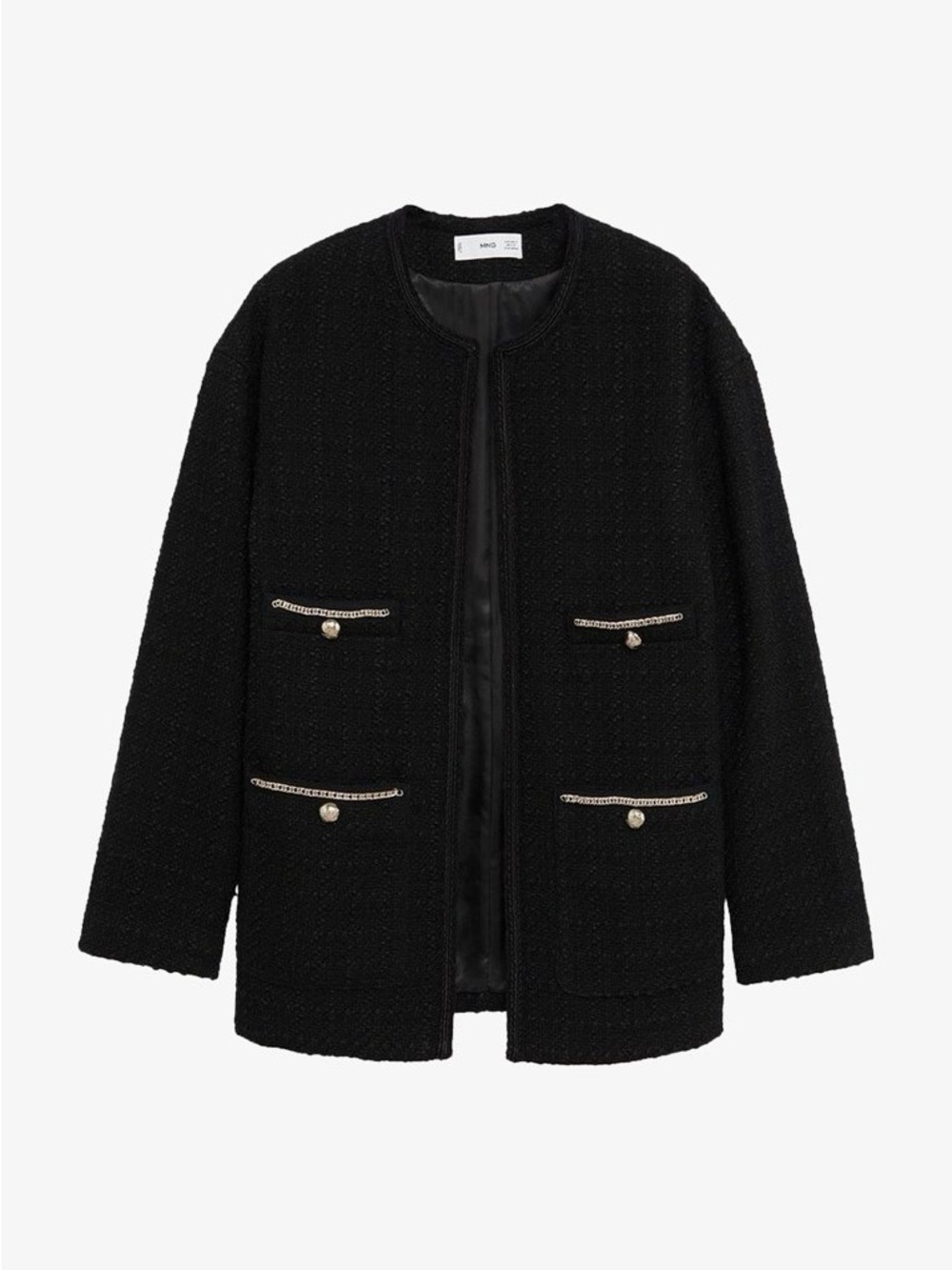 Mango Black Bouclé Collarless tweed Jacket